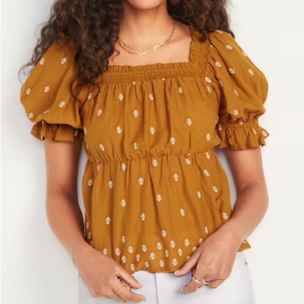 Old Navy Women’s Puff-Sleeve Smocked Embroidered Babydoll Blouse